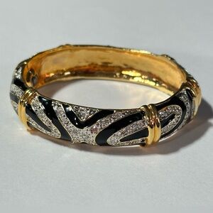 Gold & Black Enamel Rhinestone Old Money 80s 90s Cuff Hinged Magnetic Bracelet